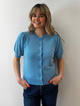 Blue Short Sleeved Cashmere Cardigan | Esthēme Cachemire
