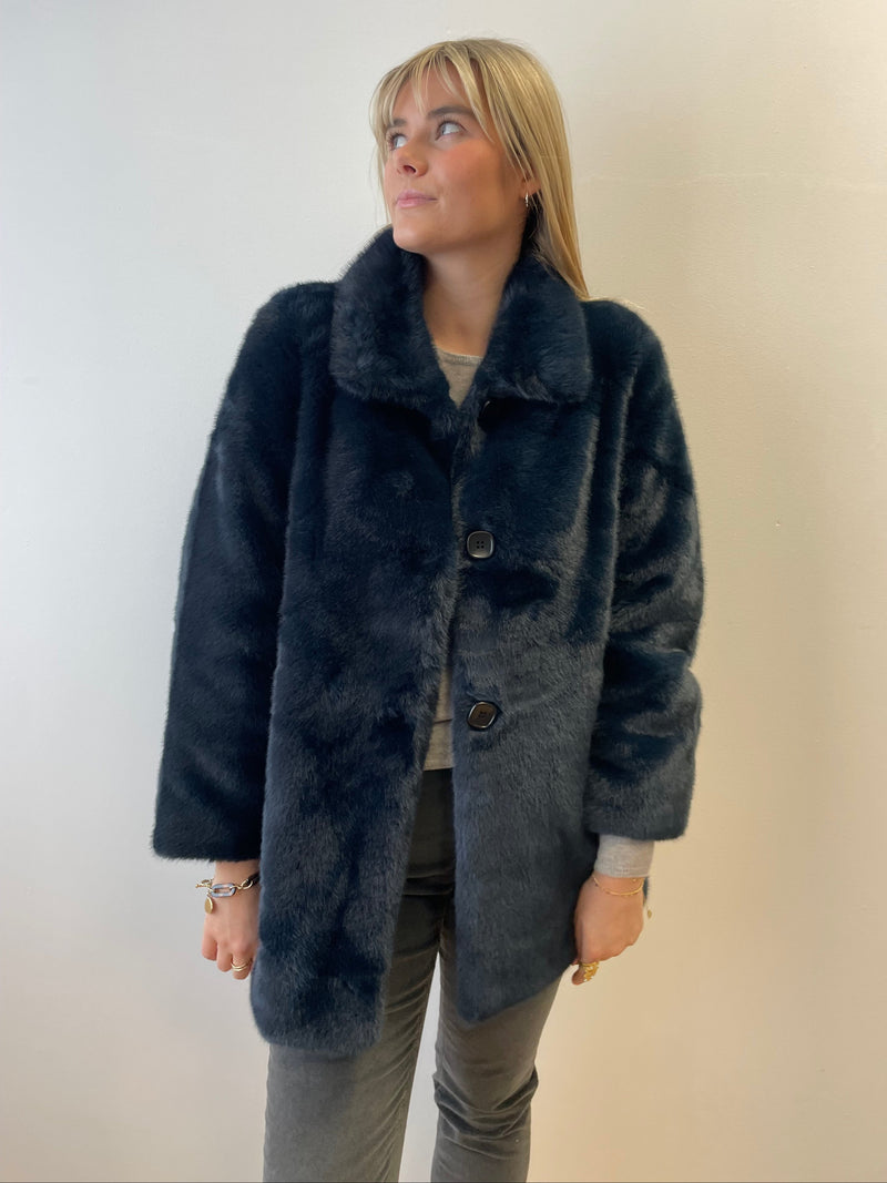 Navy Faux Fur Coat | Esthēme Cachemire