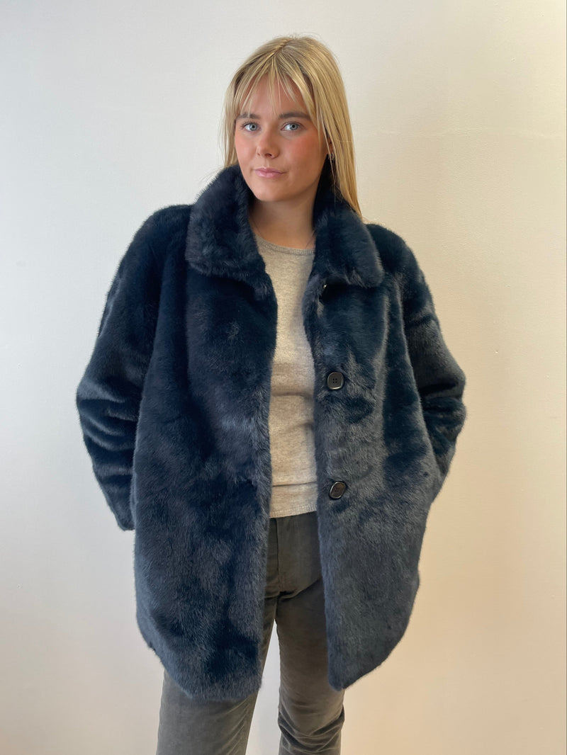 Navy Faux Fur Coat | Esthēme Cachemire