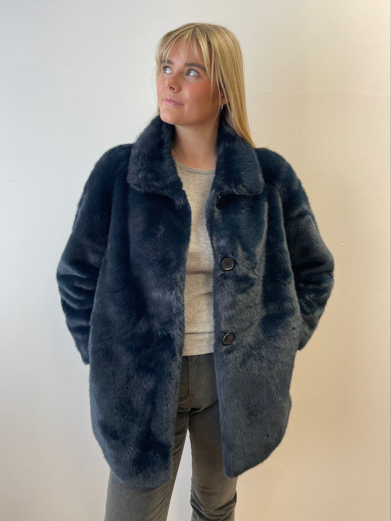 Navy Faux Fur Coat | Esthēme Cachemire