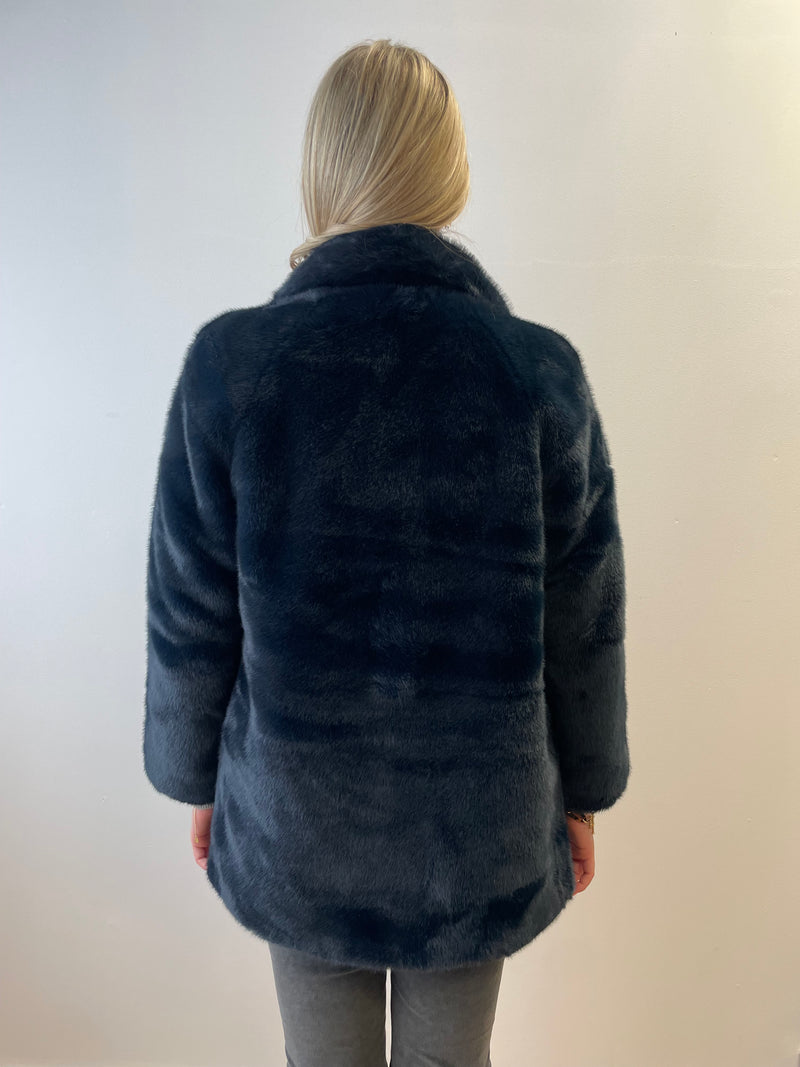 Navy Faux Fur Coat | Esthēme Cachemire
