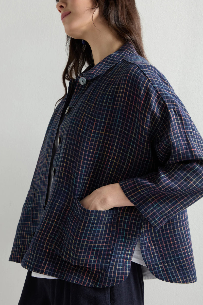 Navy Space Dye Check Boxy Jacket | Sahara