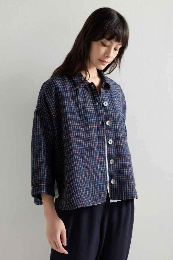 Navy Space Dye Check Boxy Jacket | Sahara