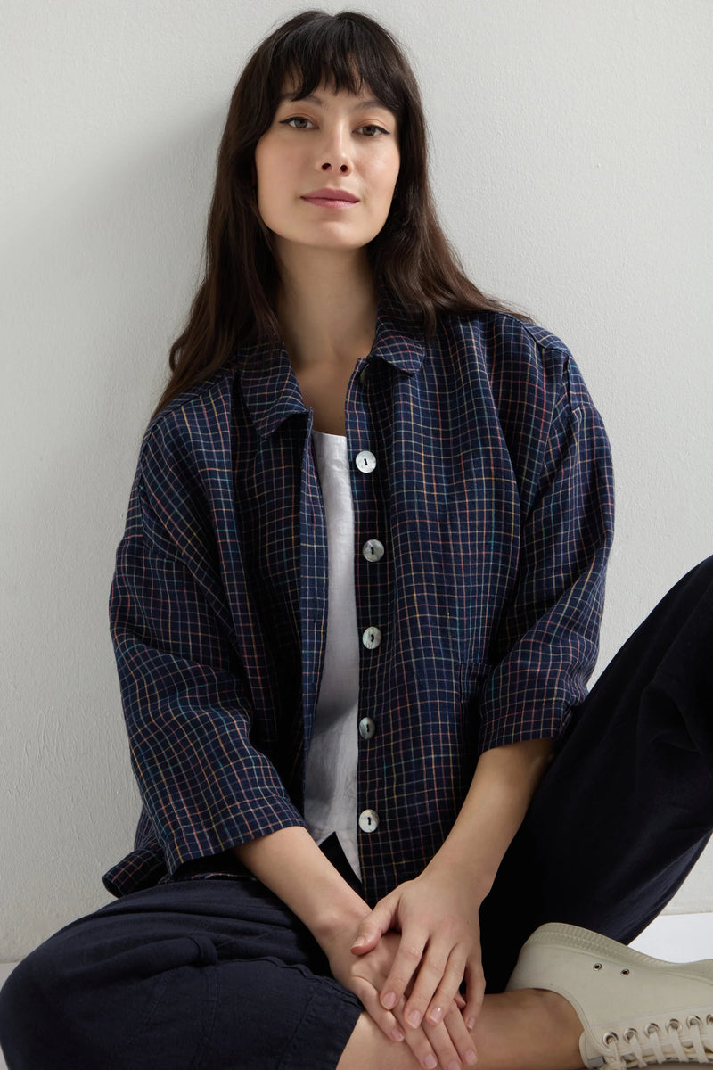 Navy Space Dye Check Boxy Jacket | Sahara