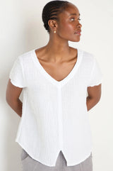 White Waffle Linen V-Neck Top | Sahara