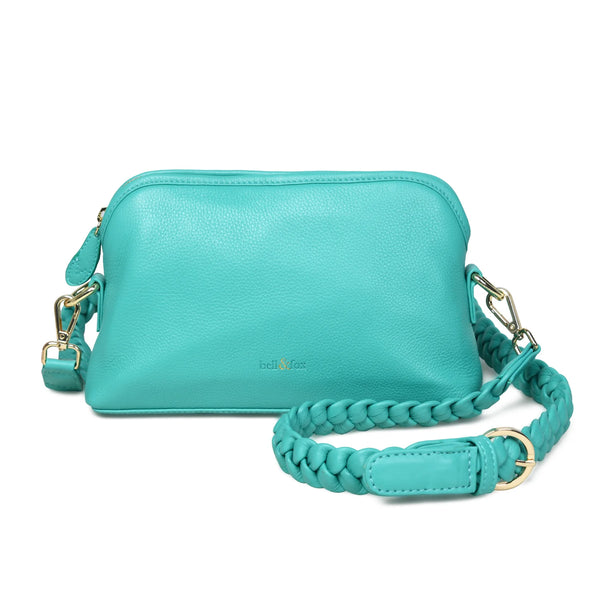 LAYLA Crossbody Bag with Hand Woven Strap in Teal Leather | Bell & Fox
