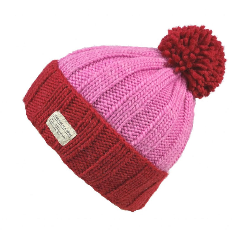 Red and Pink Moss Yarn Bobble Hat | KuSan at Sarah Thomson