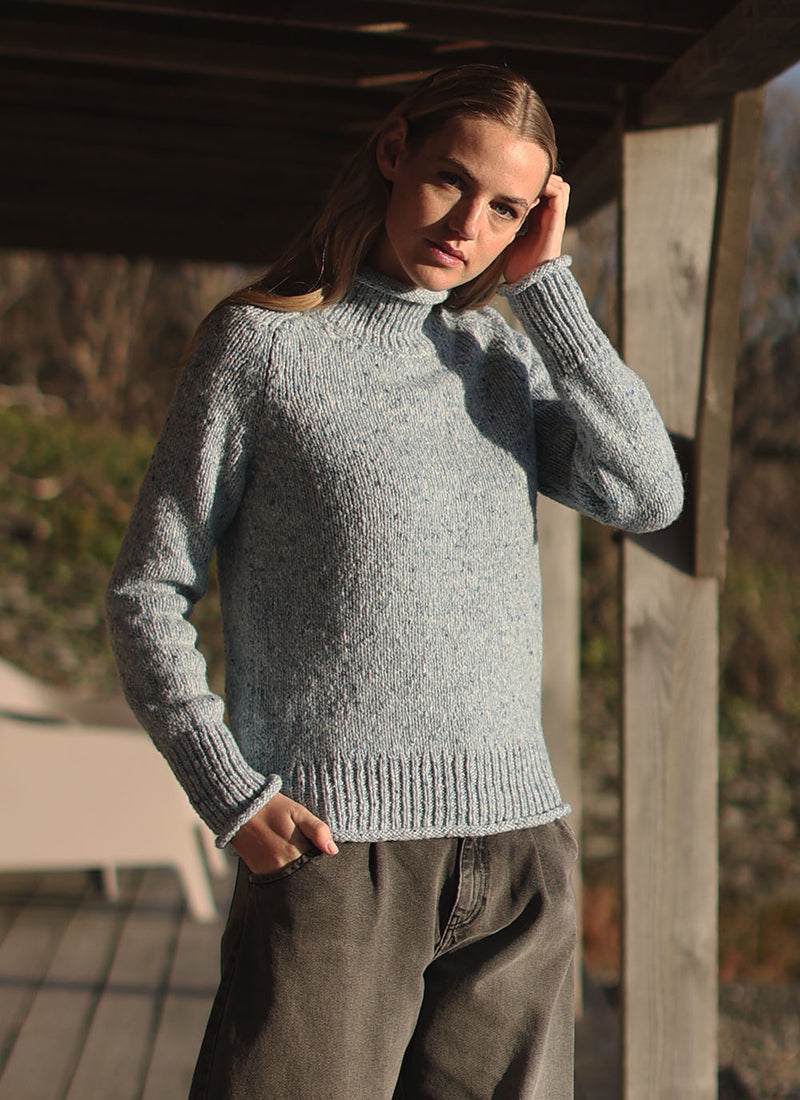 Roll Neck Wool Sweater in Blue Mist | Fisherman Out of Ireland at Sarah Thomson