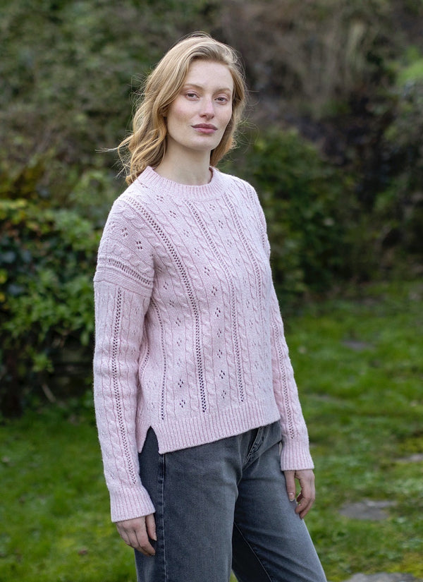 Cable and Eyelet Crew Neck Jumper in Blossom | Fisherman Out of Ireland