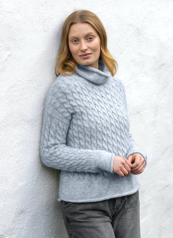 Cabeled Funnel Neck Jumper in Forget Me Not | Fisherman Out of Ireland