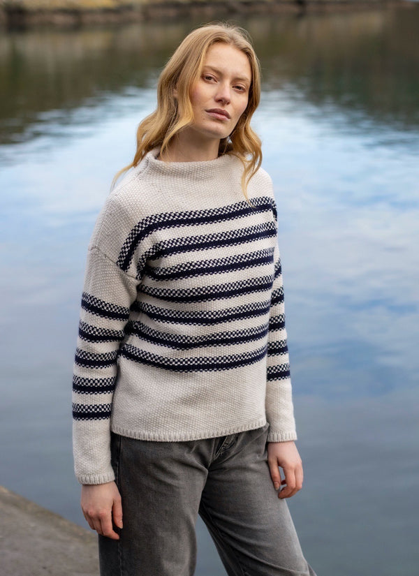 Cream Merino Mock Neck Jumper with Navy Stripe | Fisherman Out of Ireland