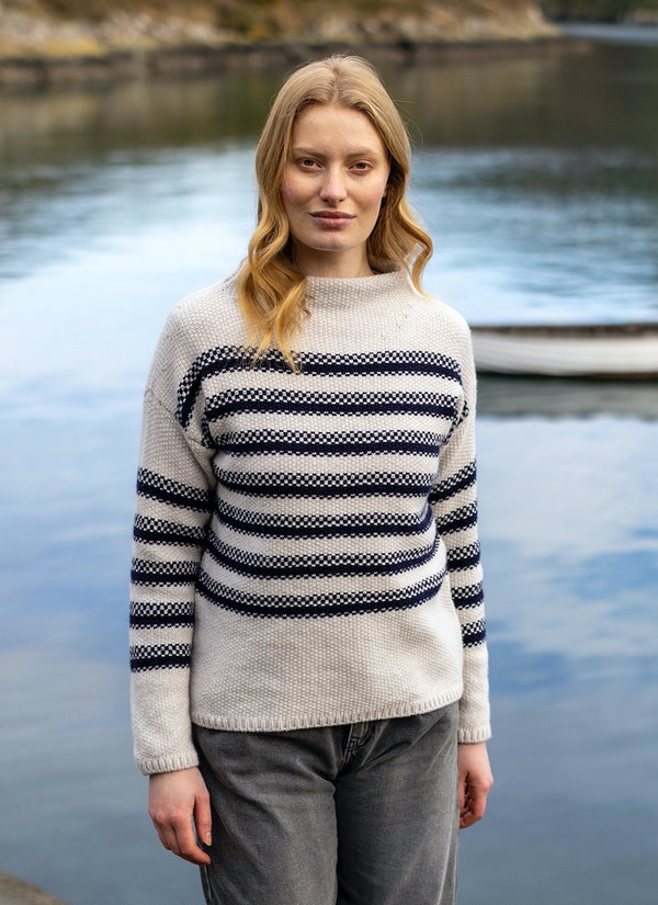 Cream Merino Mock Neck Jumper with Navy Stripe | Fisherman Out of Ireland