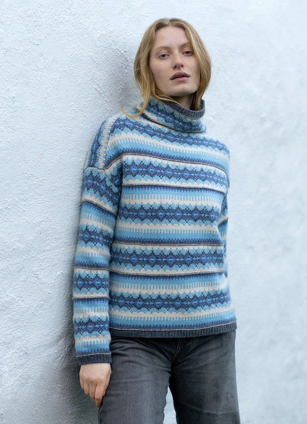 Fairisle Funnel Neck Jumper in 'Out of the Blue' | Fisherman Out of Ireland