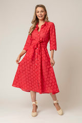 The Mamma Midi Linen Dress in Red Broderie Anglaise | Sartoria Saracena