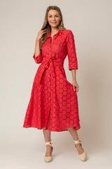 The Mamma Midi Linen Dress in Red Broderie Anglaise | Sartoria Saracena