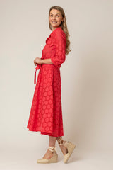 The Mamma Midi Linen Dress in Red Broderie Anglaise | Sartoria Saracena