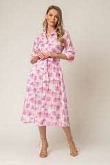 The Mamma Midi Linen Dress in Pink Palm | Sartoria Saracena