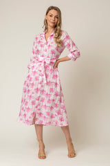 The Mamma Midi Linen Dress in Pink Palm | Sartoria Saracena