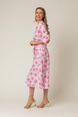 The Mamma Midi Linen Dress in Pink Palm | Sartoria Saracena
