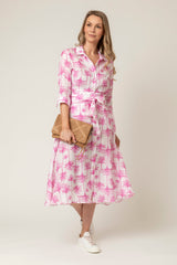 The Mamma Midi Linen Dress in Pink Palm | Sartoria Saracena