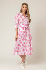 The Mamma Midi Linen Dress in Pink Palm | Sartoria Saracena