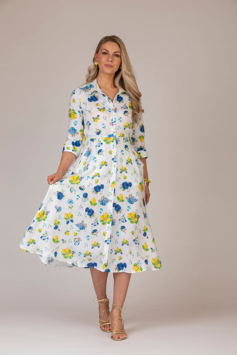 The Lemons Print Mamma Midi Linen Dress | Sartoria Saracena