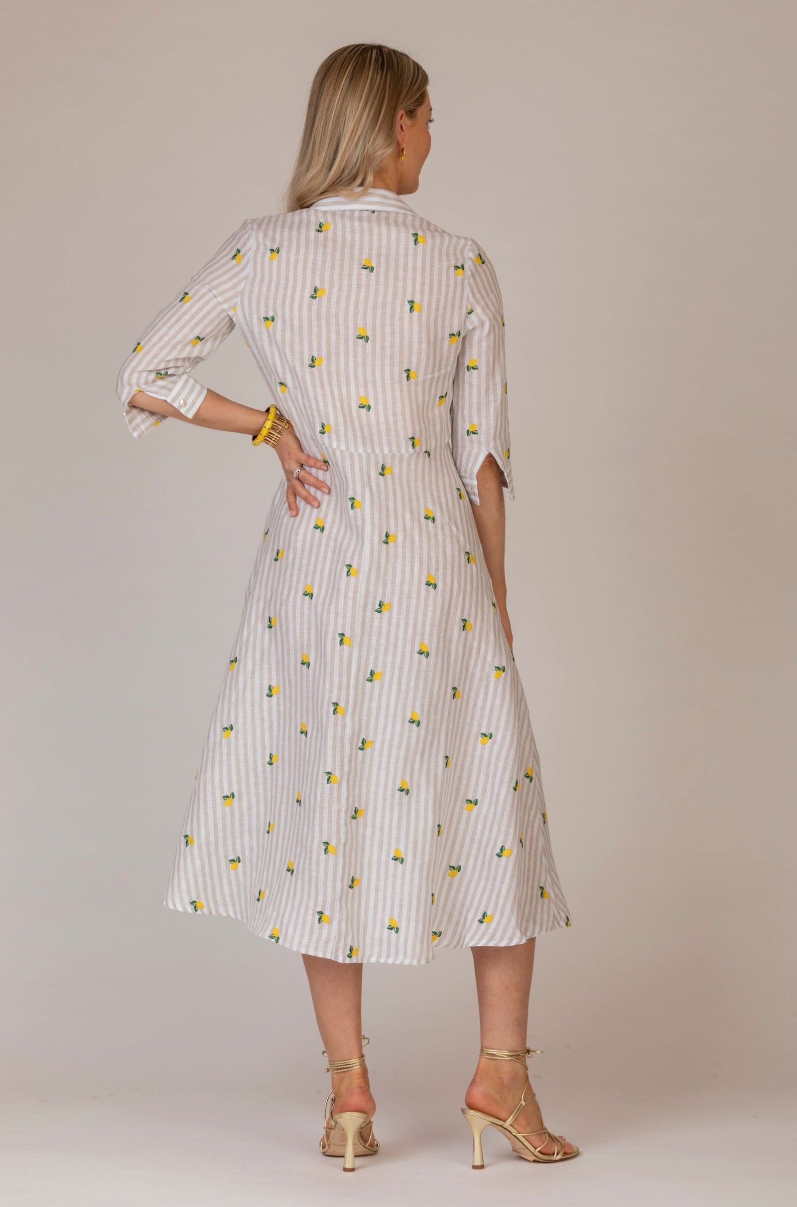 The Embroidered Lemon Stripe Mamma Midi Linen Dress | Sartoria Saracen   Sarah Thomson
