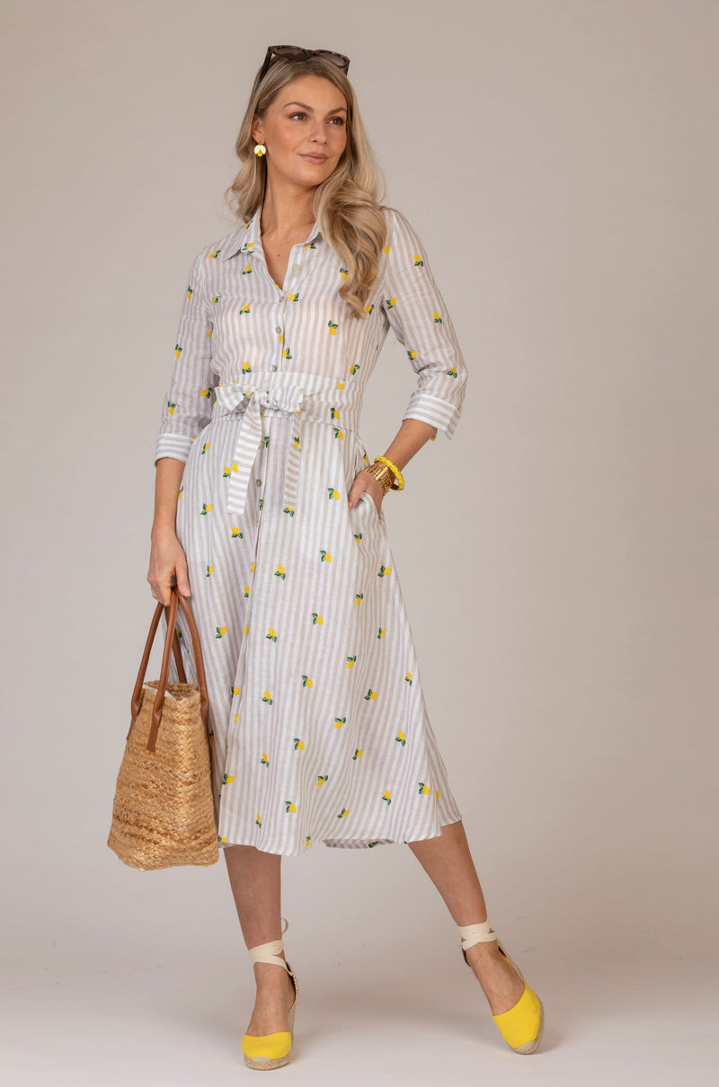 The Embroidered Lemon Stripe Mamma Midi Linen Dress | Sartoria Saracena The Embroidered Lemon Stripe Mamma Midi Linen Dress | Sartoria Saracena