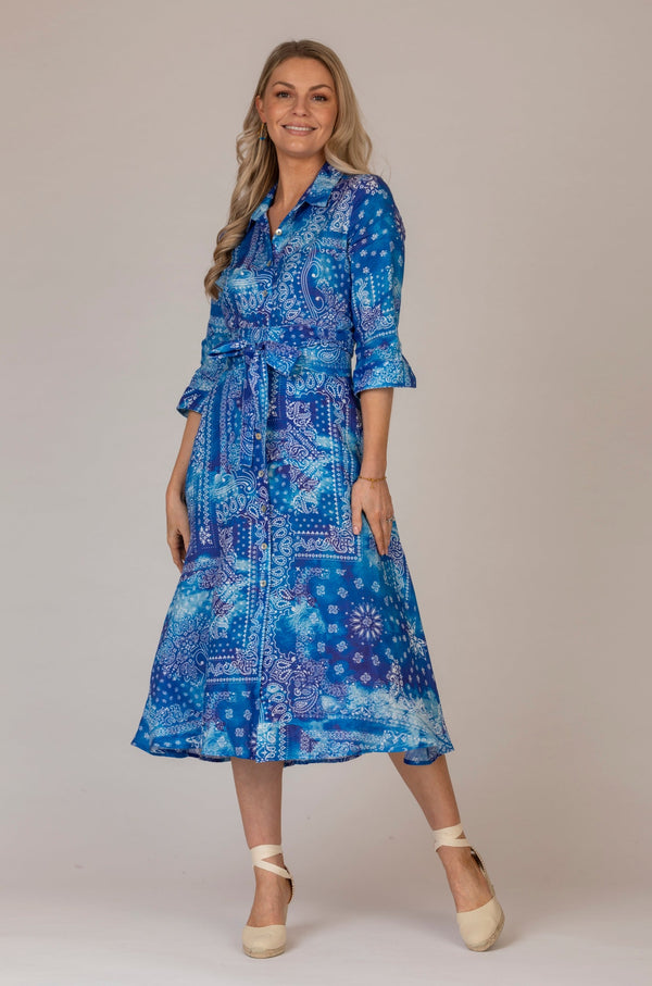 The Blue Bandana Print Mamma Midi Linen Dress | Sartoria Saracena