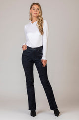 Mary Clean Dark Blue Denim Bootcut Jeans | Brax. at Sarah Thomson Melrose | Model wearing jeans and boots with white top