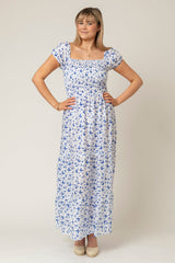 Bell Tiered Linen Maxi Dress in Blue Butterflies | Sartoria Saracena