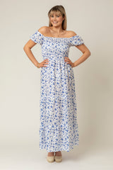 Bell Tiered Linen Maxi Dress in Blue Butterflies | Sartoria Saracena