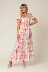 Bell Tiered Linen Maxi Dress in Red Swirl | Sartoria Saracena