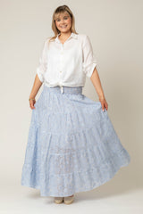 The Tiered Linen Skirt/Dress in Blue Broderie Anglaise  | Sartoria Saracena