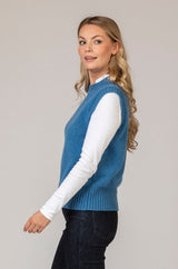 NEW Denim Blue Scottish-Made Geelong Wool Tank Top | Sarah Thomson Knitwear