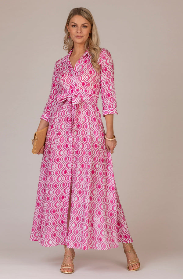 The Isca Pink Geo Print Mamma Mia Linen Dress | Sartoria Sarace