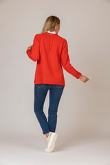 Round Neck Sweater in Lifebuoy Red | Fisherman Out of Ireland at Sarah Thomson | Back of jumper on model