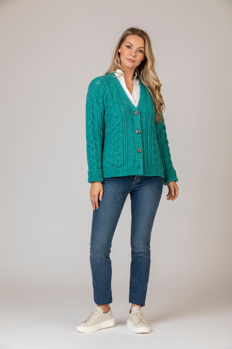 Alpaca Cardigan in Jade Green | Fisherman Out of Ireland at Sarah Thomson | Front on model