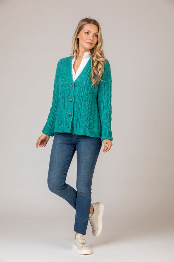 Alpaca Cardigan in Jade Green | Fisherman Out of Ireland at Sarah Thomson | On model with jeans and trainers
