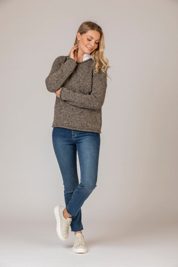 Merino Wool Sweater | Fisherman Out of Ireland at Sarah Thomson |Styled with jeans on model