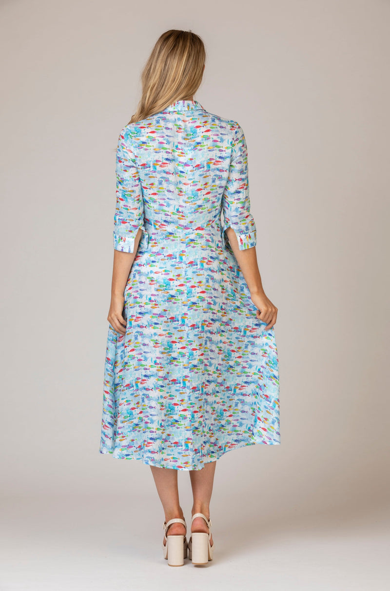 The Mamma Midi Linen Dress in Multicoloured Fish | Sartoria Saracena