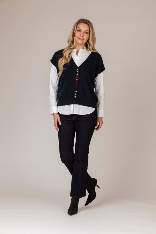 Navy Sleeveless Cashmere Cardigan with Velvet Buttons | Esthēme Cachemire