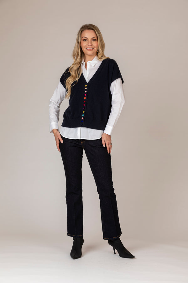 Navy Sleeveless Cashmere Cardigan with Velvet Buttons | Esthēme Cachemire