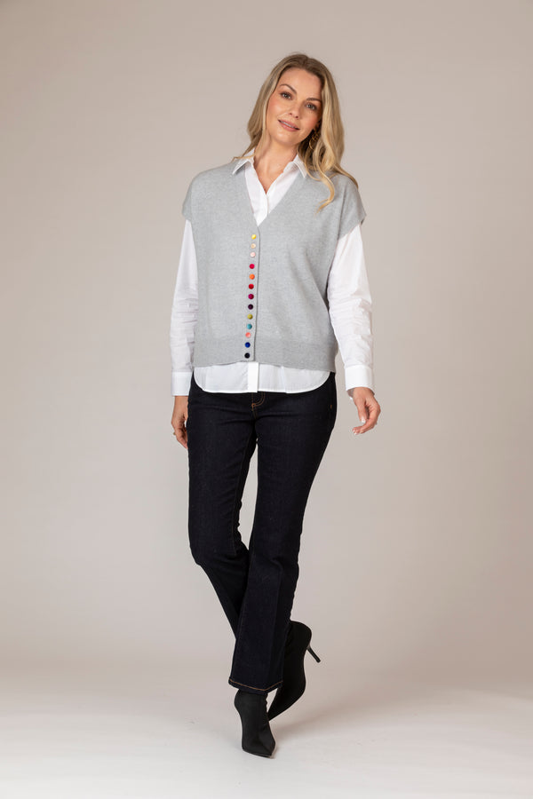 Grey Sleeveless Cashmere Cardigan with Velvet Buttons | Esthēme Cachemire