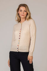 Soft Sand Cashmere Cardigan with Multi-Coloured Velvet Buttons | Estheme Cashmere at Sarah Thomson