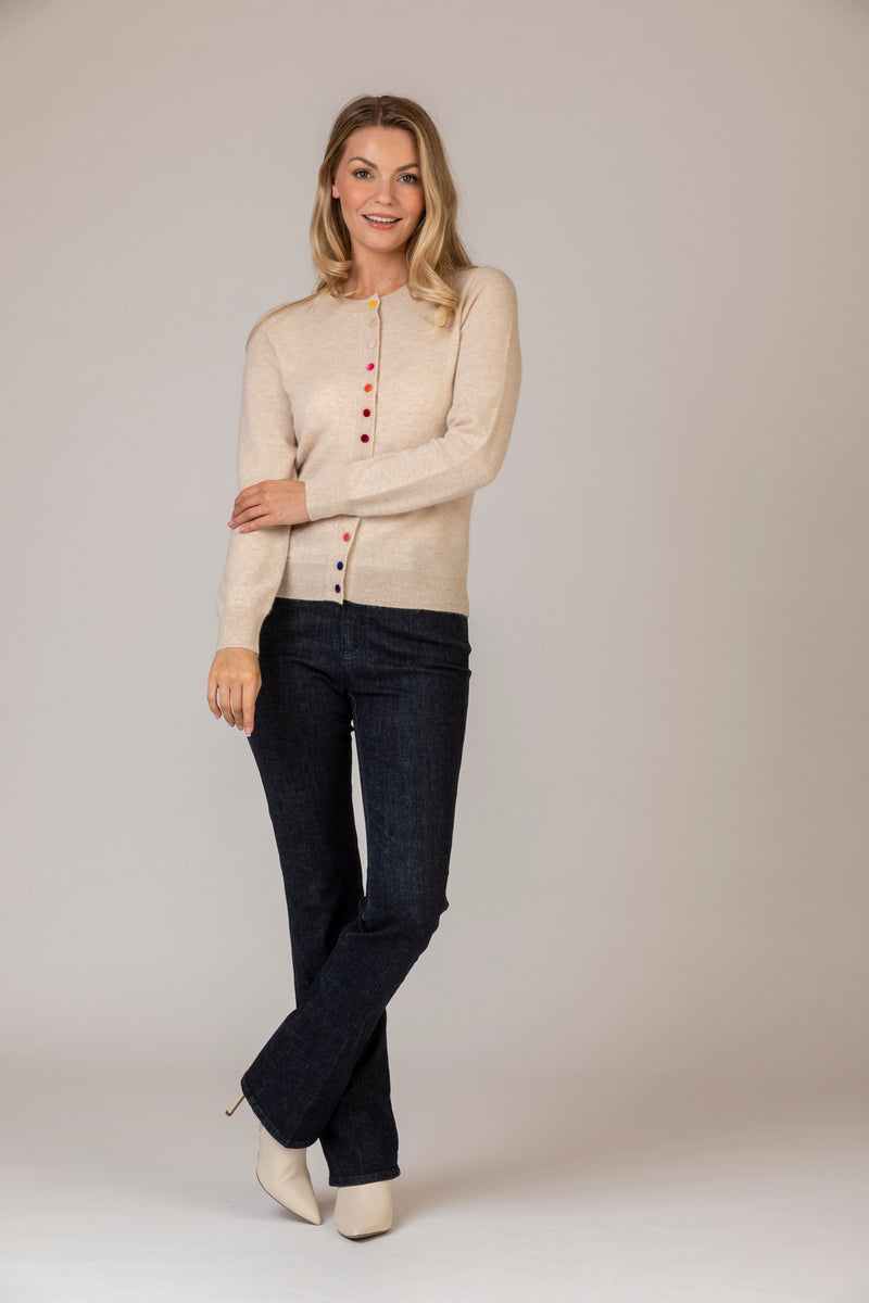 Soft Sand Cashmere Cardigan with Multi-Coloured Velvet Buttons | Estheme Cashmere at Sarah Thomson | Styled with boots