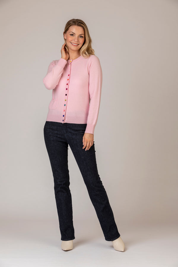 Baby Pink Cashmere Cardigan with Multi-Coloured Velvet Buttons | Estheme Cashmere at Sarah Thomson Melrose