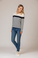 Navy and Cream Stripe Cashmere Jumper | Esthēme Cachemire at Sarah Thomson Melrose | Styled with jeans
