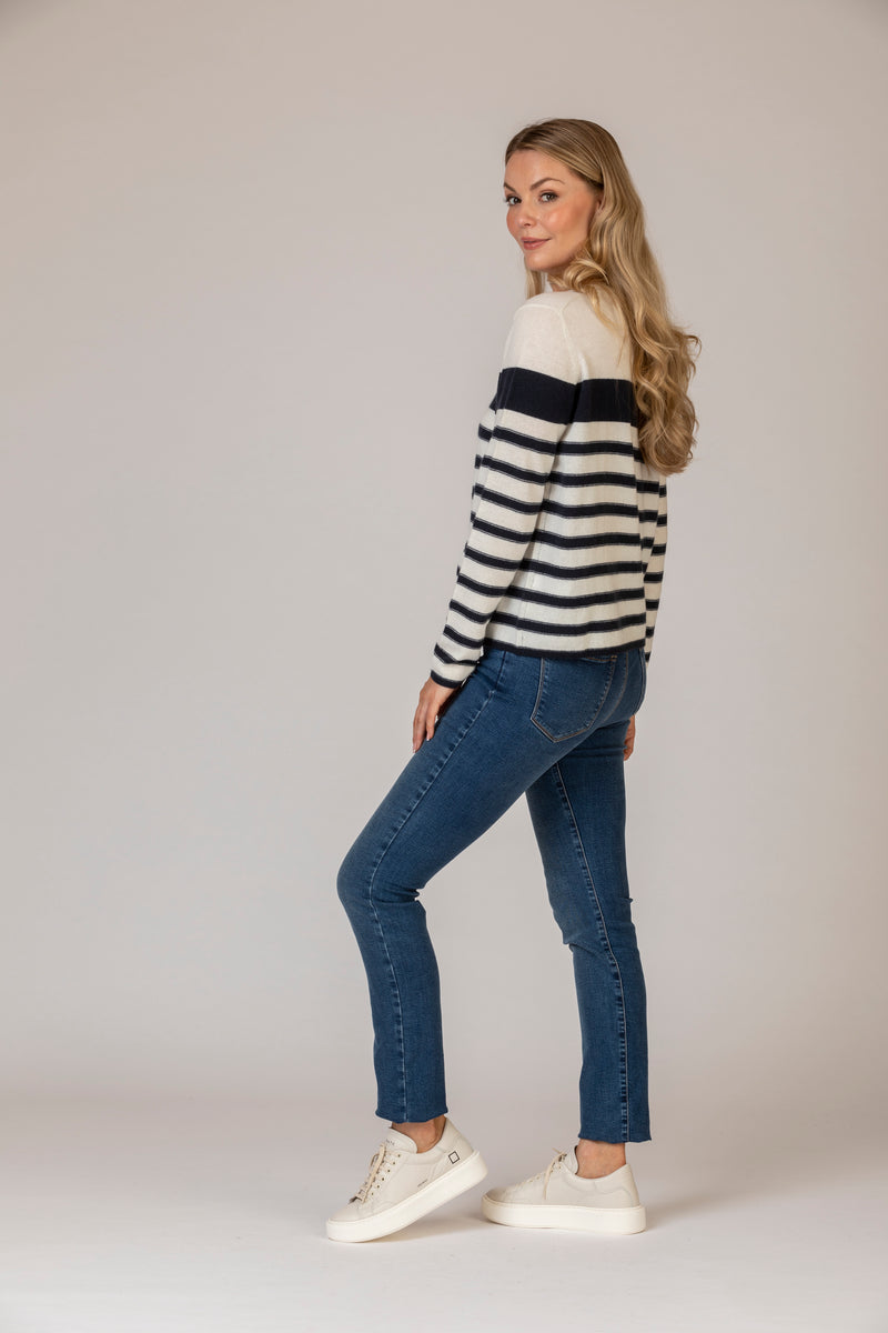 Navy and Cream Stripe Cashmere Jumper | Esthēme Cachemire at Sarah Thomson | Side profile in jeans
