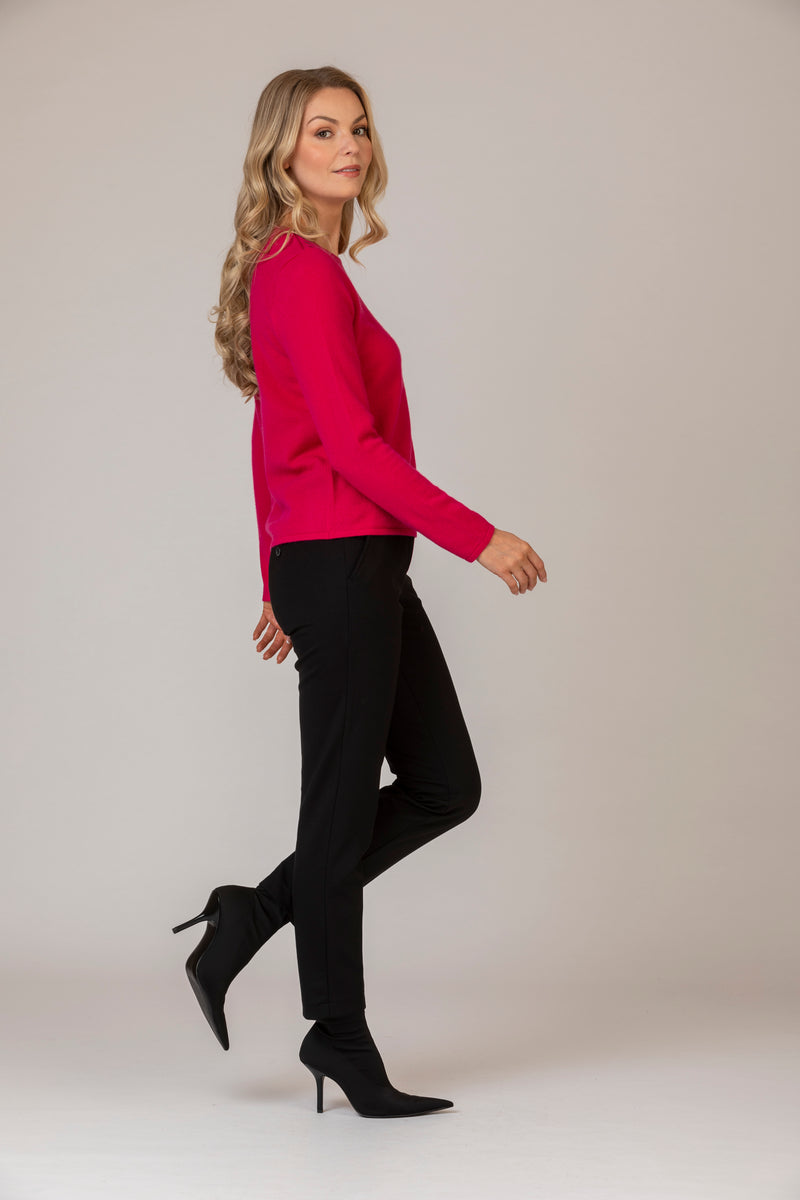 Raspberry Cashmere Jumper with Glitter Epaulettes | Esthēme Cachemire at Sarah Thomson | Styled with ankle boots